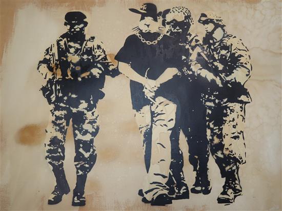 T. Wat, two stencil and watercolours, Queen Nazi-Marmite, signed and dated 15, 87 x 60cm,